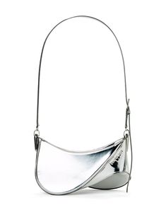 medium Spiral Curve 01 shoulder bag from MUGLER featuring silver-tone, calf leather, metallic finish, silver-tone logo lettering, curve-edge body, adjustable shoulder strap, top zip fastening, main compartment, internal slip pocket and silver-tone hardware. Tone Calves, Bag Silver, Thierry Mugler, Strap Top, Strap Tops, Curator Style, Bag Making, Calf Leather, Fashion Branding