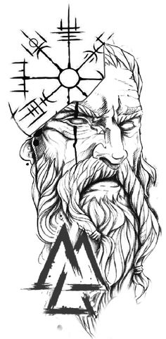 a black and white drawing of a bearded man with an eye patch on his forehead