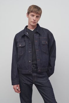 Classic denim jacket in Japanese cotton-cashmere denim with two front patch pockets and front button placket. Black Jean Jacket Outfit, Jean Jacket Outfit, Towel Scarf, Black Jean Jacket, Classic Denim Jacket, Black Jean, Jacket Outfit, Japanese Cotton, Mens Fall