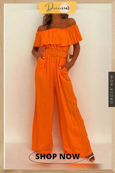 Women's Jumpsuits One-shoulder Ruffle Belt Wide-leg Jumpsuit Rompers For Teens, Teen Pants, Black And White Patterns, Elegant Jumpsuit, Outfit For Spring, Belt Wide, Apricot Orange, Baddie Style, Belted Romper