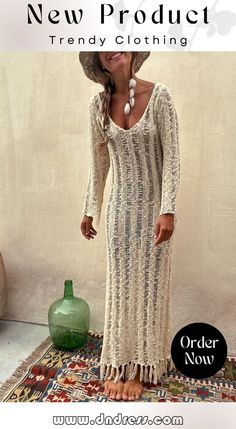 Somewhere Sunny Hollow Out Tassel Long Sleeve Knit Beach Maxi Dress Summer Long Sleeve Knit Cover-up, Long Sleeve Knit Cover-up For Summer, Knit Long Sleeve Cover-up For Summer, Long Sleeve Beachy Beach Dress For Vacation, Beachy Long Sleeve Beach Dress For Vacation, Casual Long Sleeve Maxi Dress For Beach Season, Beige Long Sleeve Maxi Dress For Beach Cover-up, V-neck Cover-up For Vacation In Fall, Casual Long Sleeve Maxi Dress For Vacation