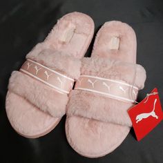 Nwt Puma Slide Slippers Size 7 Soft Pale Pink Lining And Strap Puma Logo Ribbon Band Across Strap All Man Made Materials Puma Slides, Faux Fur Slides, Shoes Puma, Slide Slippers, Puma Logo, Puma Shoes, Pale Pink, Pink White, Faux Fur