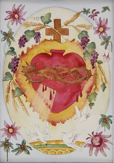 a painting of a heart surrounded by birds and flowers with a cross above it on a white plate