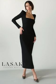 Lasaky - Square Neck Padded Long Sleeve Midi Cocktail Dress Black Cocktail Long Sleeve Dress, Long Sleeve Cocktail Dress Bodycon, Long Sleeve Midi Dress Cocktail, Elegant Maxi Dress, Party Dress Long Sleeve, Chic Party, Langer Rock, Uniform Fashion, Midi Cocktail Dress