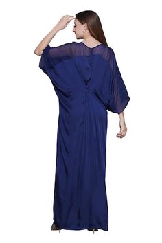 Blue draped maxi kaftan crafted in modal satin, organza with sequin-beads embellished patchwork on the waist and pleats detailing. - Aza Fashions Evening Kaftan With Draped Cape Sleeves, Flowy Silk Floor-length Gown, Floor-length Silk Flowy Gown, Elegant Blue Evening Kaftan, Party Georgette Maxi Kaftan, Silk Kaftan With Cape Sleeves For Evening, Party Georgette Kaftan In Maxi Length, Silk Floor-length Abaya For Evening, Silk Floor-length Evening Abaya