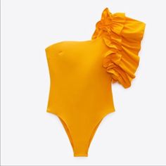 Nwt Zara Ruffle Swimsuit Size Small -Dark Yellow Zara Swimwear, Zara Swimsuit, Barbie Swimsuit, Ruffle Bathing Suit, Halter Neck Swimsuit, Strapless Swimsuit, Suit Swimsuit, Ruffle Swimsuit, Cut Out Swimsuits