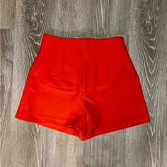 These Shorts Feature A Seamed Detail On The Front And Back, Welt Back Pockets, Front Zipper With Eyelet Hook Closure And A High Waist. Measurements Waist - 13” Rise - 11.5” Length- 4” Color - Orange Size - Xsmall Condition - Nwot Casual Solid Color Shorts For Party, Red Fitted Shorts For Summer, Zara Fitted Shorts For Party, Chic Stretch Red Shorts, Zara Fitted Shorts For Night Out, Chic Red Stretch Shorts, Zara Fitted Party Shorts, Solid Summer Party Shorts, Solid Color Party Shorts For Summer