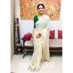 Onam Saree With Green Blouse, Cream And Gold Saree, Cream Saree, Light Green Blouse, Green Blouse Designs, Gold Saree, Kasavu Saree