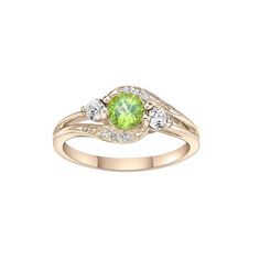 With shimmering peridot and white topaz, this ring is an accessory you'll treasure. With shimmering peridot and white topaz, this ring is an accessory you'll treasure. Width: 9 mm Nickel free Metal: sterling silver Finish: polished Plating: 14k gold Packaging: boxedSTONE DETAILS Stone type: peridot, white topaz Total weight: 1 ct. Center stone weight: 1/2 ct. Center stone size: 5 mm x 5 mm Shape: round Setting: prong Gemstones may have been treated to enhance their appearance. Special care may b Peridot Diamond Ring For May Birthstone, Peridot Birthstone Diamond Ring Fine Jewelry, Green Diamond Multi-stone Birthstone Ring, Green Birthstone Ring With Diamond Accents, Green Diamond Birthstone Ring With Multi-stone, Anniversary Birthstone Ring With Peridot Center Stone, Anniversary Peridot Birthstone Ring With Center Stone, Fine Jewelry Peridot Birthstone Ring With Center Stone, Green Peridot Diamond Ring With Accent Stones