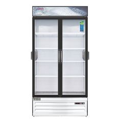 an empty glass door freezer sitting on top of a white surface with black trim