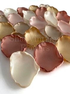 some very pretty pink and gold shells on a white surface