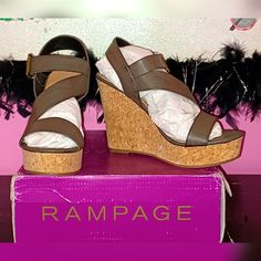 Rampage Helman Buckle Open-Toe Platform Cork Wedge Sandal Shoes New In Box... (These Are Sz 11, Picture Was 9 That Sold Already, Thank You) Note: Rampage Has Them Listed As Black In Color, But To Me They Look A Dark Brownish Color. Pair These Rampage Women's Helman Cork Wedge Sandals With Your Favorite Outfit For The Perfect Summer Look! Soft, Man-Made Upper Open Toed Cork Wedge Extra Memory Foam For Added Comfort Adjustable Buckle Strappy Upper 4.5 In. Heel, 1.25 In. Platform Spot Clean Importe Brown Platform Wedge Sandals In Synthetic Material, Brown Platform Wedge Sandals In Synthetic, Brown Synthetic Platform Wedge Sandals, Brown High Heel Wedge Sandals In Synthetic Material, Brown High Heel Wedge Sandals In Synthetic, Brown High Heel Synthetic Wedge Sandals, Brown Synthetic Wedge Heels, Brown Wedge Heels, Cork Wedges Sandals