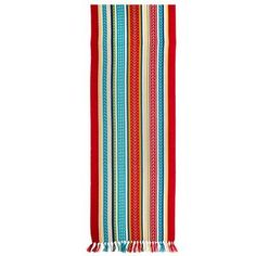 a red and blue striped towel with fringes on the bottom, in front of a white background