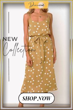 Fashion Casual Dot Split Joint Spaghetti Strap A Line Dresses Casual Polka Dot Sundress For Summer, Polka Dot Spaghetti Strap Vacation Dress, Trendy Polka Dot Dresses For Summer, Trendy Polka Dot Summer Dress, Polka Dot Sundress For Spring Vacation, Spring Polka Dot Sundress For Vacation, Chic Polka Dot Sundress For Summer, Casual Polka Dot Midi Dress For Summer, Polka Dot Summer Dress With Spaghetti Straps