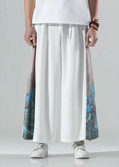 Chinese Style White Print Patchwork Ice Silk Wide Leg Pants Men SummerFabric: Ice SilkSize & Fit: This garment fits true to size.Length: Size XL measures 39.78"from waist to hem.Waist:Fitted - elastic waist allows stretch Hip: Loosely Fitted. room for hips. Hand Wash Cold. Wide Leg Pants Men, Silk Wide Leg Pants, Men Summer, Summer Black, Pants Men, White Summer, Chinese Style, Mens Summer, Cropped Pants