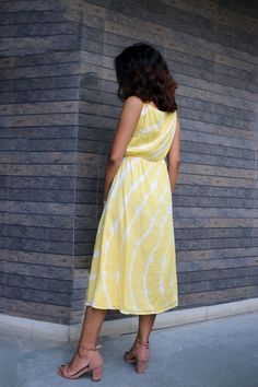 "Yellow cotton dress, Tie-dye dress, Maxi dress, Dress for women, Plus Size, Made to order, Custom made This sundress is perfect for the ongoing summer. It has beautiful floral block print. -Model height: 5'3\" wearing size S -Length: 44\" -Elasticated waist -Adjustable strap -100% Cotton **Note: Free Shipping time 15-21 days. Express Shipping time 5-7 days.**" Yellow Cotton Midi Sundress, Yellow Cotton Midi Vacation Dress, Yellow Cotton Midi Dress For Vacation, Yellow Cotton Knee-length Sundress, Tie Dye Cotton Sundress, Cotton Tie Dye Sundress, Yellow Cotton V-neck Sundress, Yellow Cotton Maxi Dress With V-neck, Yellow Cotton Dress