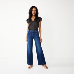 Women's LC Lauren Conrad Super High-Waisted Wide Leg Trouser Jeans Non-stretch Flare Jeans For Workwear, Stretch Medium Wash Bottoms For Work, Non-stretch Mid-rise Work Jeans, Versatile High Waist Flare Jeans With Pockets, Non-stretch Mid-rise Jeans For Work, Mid-rise Non-stretch Jeans For Work, Non-stretch Straight Leg Flare Jeans For Workwear, Non-stretch Full-length Jeans For Work, Mid-rise Jeans For Workwear