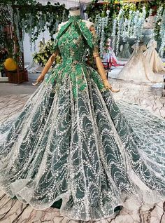 Green And White Wedding Dress, Dark Green Ball Gown, Sleeve Wedding Gowns, Beading Wedding Dress, Green Ball Gown, Green And White Wedding, Baju Kahwin, Interesting Fashion, Green Wedding Dresses