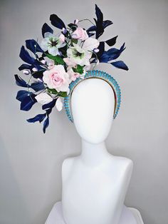 The Hat Doctor From the 2024 Featured Milliner of the Kentucky Derby Museum  Gorgeous Kentucky Derby hat fascinator  kentucky derby hat fascinator turquoise blue crystal rhinestone headband light pink roses and white flowers with navy blue feathers  headband attachment each hat is totally one of a kind! no two are alike! I can probably add feathers, flowers etc to existing hats for a small fee. I cannot remove anything from existing hats. Just message me and see if we can make it work! :) I cann Hot Accessories, Easter Bonnets, Light Pink Roses, Derby Hats Fascinators, Blue Feathers, Hat Fascinator, Blue Headband, Light Pink Rose, Floral Hat