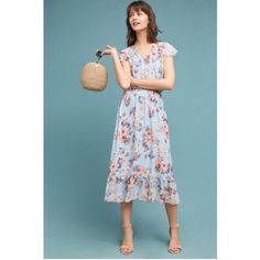 Lovely Blue Dress For Spring! Blue Floral Embroidered V-neck Midi Dress, Blue Floral Print Midi-length V-neck Dress, Vibrant Print Blue V-neck Midi Dress, Dress For Spring, Anthropologie Dresses, Anthropologie Dress, Blue Dress, Pink Floral, Blue Dresses