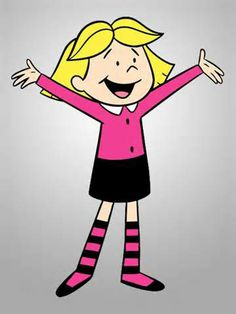 a cartoon girl with blonde hair and pink shirt is standing in front of a gray background