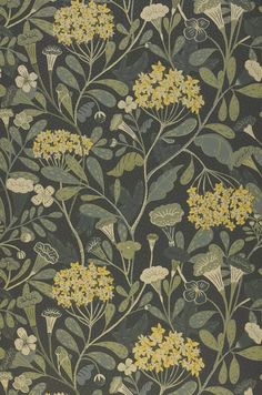 a wallpaper with yellow flowers and green leaves on a dark blue background in the style of william & son