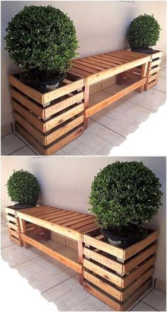 two pictures of a bench made out of wooden pallets with potted plants on top