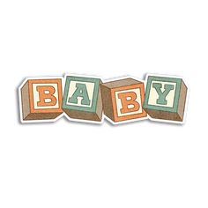 the word baby spelled with blocks in orange, green and brown on a white background