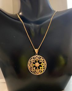 "14K Gold LARGE Round Filagree Diamond Cut Charm Pendant 20\" Necklace! Beautiful 14k gold round Filagree Scroll pendant crafted in two tone 14k gold! Pendant measures approximately 1 1/2 inch with bale x just under 1 1/4\" wide. Comes on a 20\" solid 14k yellow gold box chain! 6.2 grams! Ships in a gift box fully insured! Thank you for looking :)" Fine Jewelry Diamond Necklace With Intricate Design, Round Diamond Necklace With Intricate Design, Filigree Round Pendant Necklace For Anniversary, Gold Necklaces With Intricate Design For Anniversary, Gold Necklace With Intricate Design For Anniversary, Intricate Gold Necklace For Anniversary, Anniversary Filigree Necklace With Round Pendant, Formal Filigree Round Necklace, Round Filigree Necklace For Anniversary