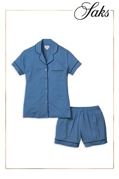 Petite Plumes short pajamas are crafted of soft cotton and designed with a contrast trim and relaxed silhouette. 100% pima cotton. Machine wash. Imported. TOP Notch collar Long sleeves Chest patch pocket Button-front closure SHORTS Elasticized waistband SIZE  FIT About 26 from shoulder to hem Rise: about 10 Inseam: about 3 Model measurements: 5'10 tall Model is wearing a US size Small