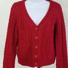 American Eagle Outfitters Womens Sweater Sz S Red Cable Knit Button Front Cardigan New Red With White Specs Size Small, Measurements Laying Flat Are Bust 19 Length 20 New With Tags, Never Worn. Offers Welcome, Thank You For Looking! Plus Fast Shipping! 5572 Red Winter Sweater With Buttons, Red Buttoned Sweater For Winter, Red Sweater With Buttons For Winter, Red V-neck Sweater With Button Closure, Red Button Cardigan For Fall, Red Button-up Winter Sweater, Red Button-up Cardigan For Winter, Red Sweater With Button Closure For Fall, Red Buttoned Cardigan For Fall