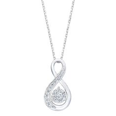 Add a touch of sparkle to any outfit with this stunning .30 CTW 14K white gold pendant.  This is the perfect necklace for showing off your sophisticated sense of style, or to gift to a loved one for a birthday, anniversary, holiday, or other special occasion. Crafted in shining 14K gold, this pendant is both classic and trend-forward, making it the perfect addition to your everyday outfits.  The dazzling high-polished finish catches the light with every movement, ensuring a big impact from any angle.  Round diamonds make up the center of the pendant, surrounded by a white gold infinity symbol.   Fine craftsmanship lends extra wearability to this necklace in terms of both comfort and durability, ensuring that you will be wearing it for years to come.  The construction ensures that the penda Elegant Infinity Necklace In Diamond White, Diamond White Infinity Necklace, Fine Jewelry, Diamond White Infinity Necklace Fine Jewelry, Diamond White Infinity Necklace In Fine Jewelry, Elegant Infinity Necklace With Brilliant Cut, White Gold Infinity Necklace For Formal Occasions, Formal White Gold Infinity Necklace, Diamond White Infinity Necklace With Diamond Accents, White Gold Infinity Necklace With Cubic Zirconia