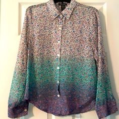 About A Girl Medium Button Down Shirt. Purple, Teal, White With Flowers. Long Sleeve, 3/4 Sleeve. Sheer Material. Never Worn! Flowers Color, About A Girl, Purple Teal, Sheer Material, Purple Green, Girl Top, Green And Purple, A Girl, Button Downs