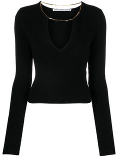 Long-sleeved top in black stretch wool from Alexander Wang with a deep V-neck on the front and a golden necklace joining the eyelets on the crew neck. Gq Mens Style, Women Logo, Stone Island Clothing, Logo Necklace, Valentino Clothing, 90s Streetwear, Camisa Polo, Jil Sander, Black Stretch