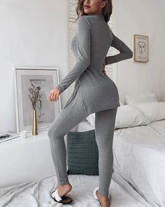 Lasaky - Long Sleeve High Neck Knit Pajama Set Knit Pajamas, Long Pajamas, Track Suits, Lounge Outfit, High Neck Designs, Suits Clothing, Pants Suit, Cute Swag Outfits, Hottest Fashion Trends