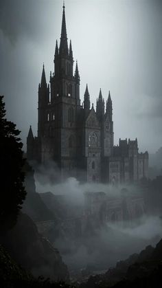 a castle in the middle of a foggy sky