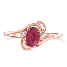 "We are introducing the \"14K Rose Gold\" Diamond and Ruby gemstone ring, a must-have piece for young ladies who appreciate exquisite jewelry--crafted from 14K rose gold, Approx 2 grams. This stunning ring features a radiant 6x4mm oval ruby gemstone weighing 0.60 carats, set securely in the middle of an intricate rose-gold ribbon design. Its trendy and versatile design makes it perfect for any occasion, whether a formal event or a casual outing. Adding to its beauty, two dazzling round cut diamonds measuring 1.4mm are perfectly placed on either side of the ribbon design. With superior G-H color and I1 clarity, these diamonds perfectly complement the brilliant red hue of the ruby gemstone. Country/Region of Manufacture: United States Brand: Megasettings Handmade: Yes Department: Women Occas Oval Ruby Ring In 14k Rose Gold, Oval Rose Gold Birthstone Diamond Ring, Formal Rose Gold Ruby Ring With Prong Setting, Oval Rose Gold Diamond Ring With Birthstone, Formal Rose Gold Birthstone Ring With Accent Stones, 14k Rose Gold Ruby Promise Ring, 14k Rose Gold Ruby Ring With Prong Setting, Elegant Ruby Ring In 14k Rose Gold, 14k Rose Gold Oval Ruby Ring