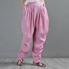 Comfortable, One of Kind. Tapered online shop,|Holiday|Linen|Solid Color|Full Length|Elastic|Loose|Female|Pink|Yellow|Red|Silver Gray|Bronze|M|L|Summer|Hand Wash Pink Ankle-length Relaxed Fit Harem Pants, Overalls Jeans, Linen Drapes, Styles Clothes, Pants Linen, Pants Denim, Comfy Pants, Pink Linen, Tapered Pants