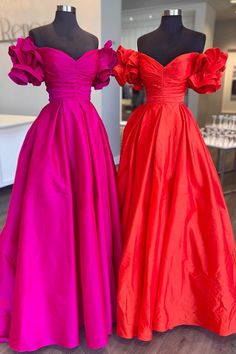 Off the Shoulder Hot Pink Pleated Long Formal Dress Flower Sleeves, Dress Blue Long, Party Dress Blue, Long Formal Dress, Formal Dresses With Sleeves, Satin Evening Dresses, Royal Blue Dresses, Satin Prom Dress, Prom Dresses With Sleeves