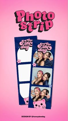 a pink and blue photo strip with three photos in the middle, one has a pig on it