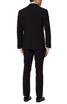 A classic look brings entrance-making distinction to a tuxedo that keeps you crisp and smart in a jacket, pants and matching bow tie. Includes suit jacket, pants and bow tie Jacket has shawl collar; three-button cuffs; chest and front welt pockets; four interior pckets Partially lined 100% polyester Machine wash, line dry Imported Fitted Evening Suit With Notch Lapel, Black-tie Tuxedo Blazer In Slim Fit, Fitted Single Breasted Tuxedo For Black Tie Events, Classic Single-breasted Tuxedo For Black Tie, Black Tie Slim Fit Blazer, Timeless Notch Lapel Suit For Party, Fitted Blazer For Black-tie Events, Formal Fitted Single Breasted Tuxedo, Slim Fit Tuxedo Blazer For Black Tie Events