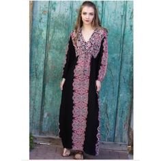 Super Bohemian Long Sleeve Maxi Dress Features V Neckline. Front Waist Is Elasticized With Drawstring. Lightweight Gauze Like Material. Black With Burgundy And Taupe Colors. Small Bust 36", Waist 32", Length 57". Medium Bust 38", Waist 34", Length 57.5", Suggest Sizing Up As Runs Small. New With Tags, Directly From Vendor. Black Boho Print V-neck Dress, Black Floral Print Maxi Kaftan, Bohemian Black Floral Print Maxi Dress, Bohemian Black Maxi Dress With Floral Print, Black Bohemian Kaftan With Floral Print, Casual Black Maxi Dress With Boho Print, Casual Black Boho Dress With V-neck, Casual Black V-neck Boho Dress, Spring Bohemian Style Boho Dress In Black