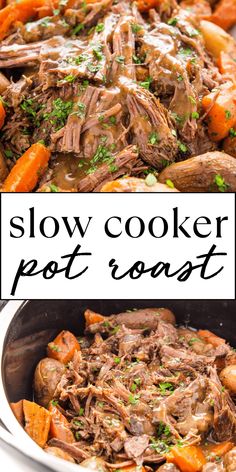 slow cooker pot roast with carrots and parsley on the side in a white bowl