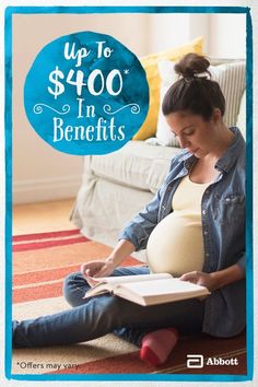 a pregnant woman reading a book while sitting on the floor with her belly up to $ 400 in benefits