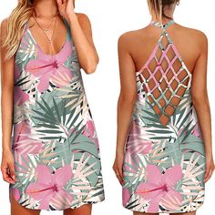 Women's Sexy Hollow Suspender Party Dress Backless Hawaiian Style Floral Print Sling Cutout Vestidos Summer Women's Dress Strappy Stretch Beach Dress, Summer Party Mini Dress With Built-in Bra, Pink Strappy Mini Dress For The Beach, Flirty Sleeveless Beach Suspender Dress, Flirty Sleeveless Suspender Dress For Beach, Backless Beach Dresses With Built-in Bra, Stretch Dresses With Straps For Vacation, Stretch Summer Suspender Dress, Summer Stretch Suspender Dress