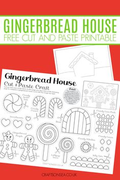 the gingerbread house cut and paste printable is shown in front of a red background