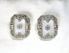 "Offering an exquisite, so hard to find pair of vintage high-end, very collectible designer \"Judith Jack\" Sterling Silver camphor glass and genuine marcasite earrings perfect for the Bride.   It's so tough to find camphor glass earrings at all but to find them with marcasites is a rare treat.  I really love the elegant design! The ornate rectangular shaped sterling silver settings are home to thick oval camphor glass with radial, \"sunray\" designs cut in the glass. The center is adorned with Ornate Diamond-accent Earrings For Wedding, Victorian Silver Bridal Earrings For Formal Events, Victorian Silver Bridal Earrings For Formal Occasions, Victorian Wedding Earrings With Intricate Design, Art Deco Diamond Accent Wedding Earrings, Intricate Victorian Wedding Earrings, Vintage Evening Earrings With Diamond Accents, Victorian Jewelry With Rhinestones For Anniversary, Victorian Rhinestone Jewelry For Anniversary