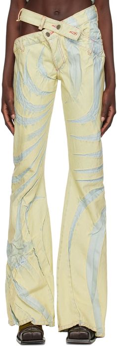 Yellow Asymmetric Flower Jeans by Masha Popova on Sale Masha Popova, Flower Jeans, Girl Clothes, Contrast Stitch, Bright Yellow, Accessories For Women, Luxury Streetwear, Stretch Denim, North America