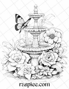 a drawing of a fountain with flowers and a butterfly on it's side, in black and white