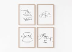 four black and white prints with hand drawn kitchen items on them, hanging on the wall